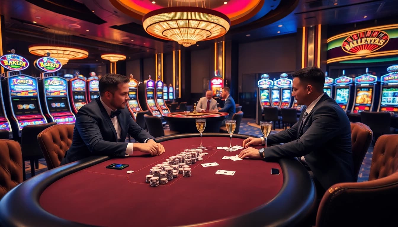 Players engaging in high-stakes poker at qh88's luxurious casino with colorful slot machines in the background.