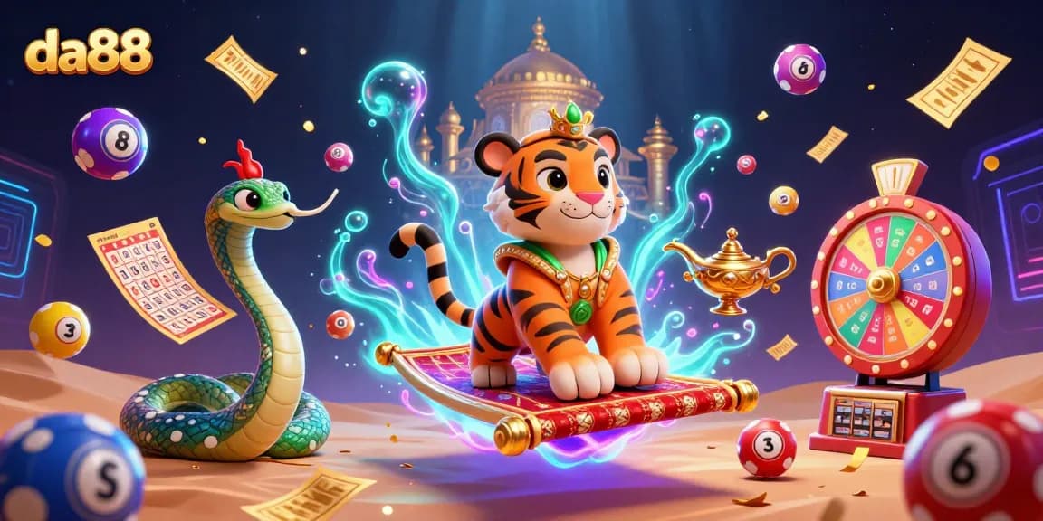 Engage with the vibrant da88 casino scene featuring lottery elements and a magical sultan character.