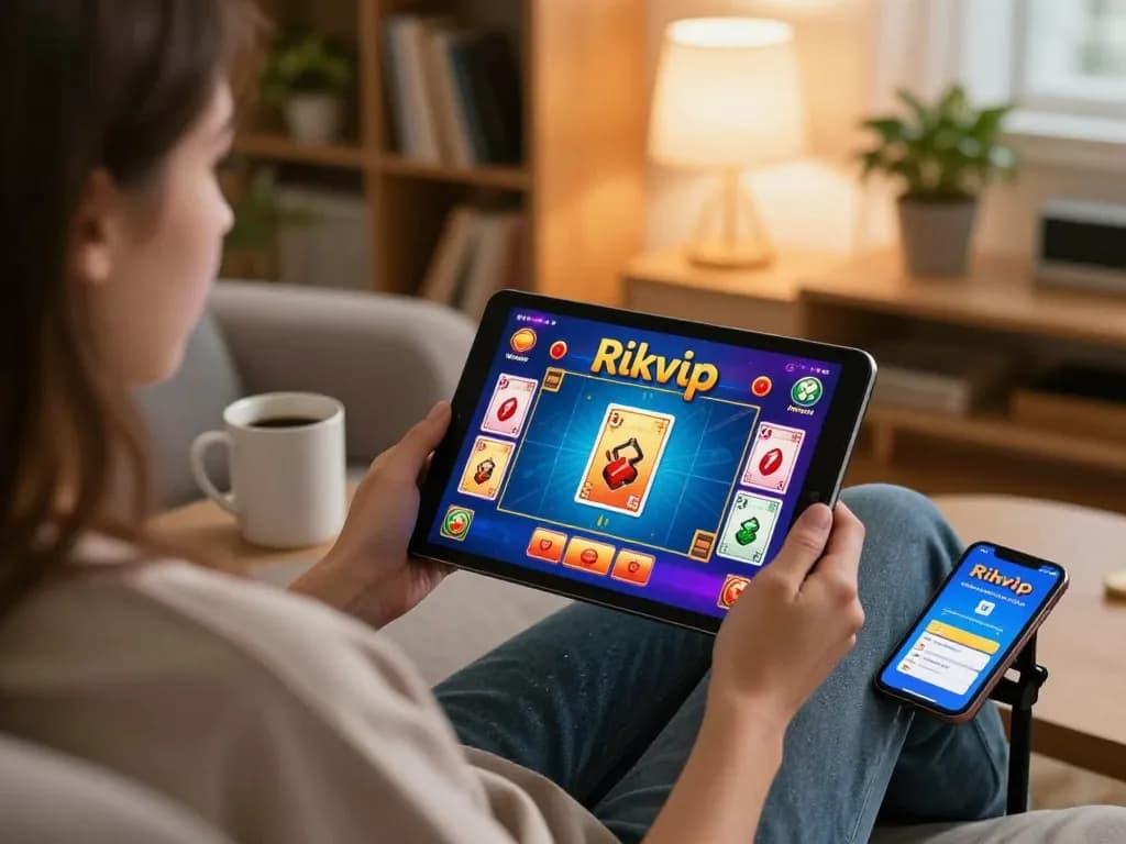 Engaging user playing Rikvip game on tablet in cozy home setup, illustrating strategic online gambling.