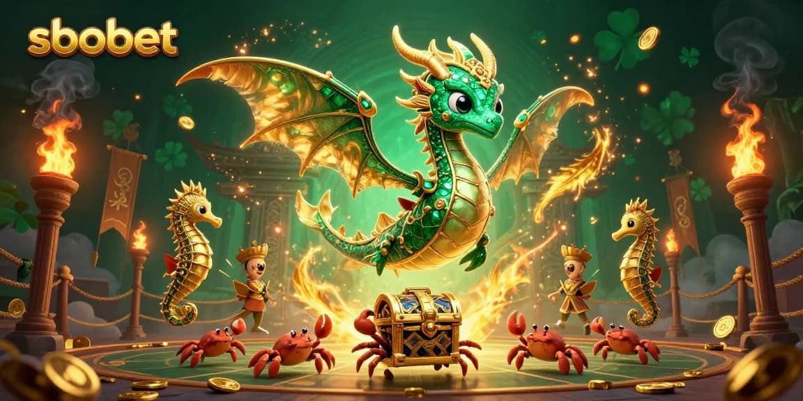 Engage with sbobet in this vibrant 3D illustration, featuring a dragon and treasure amidst dynamic betting elements.
