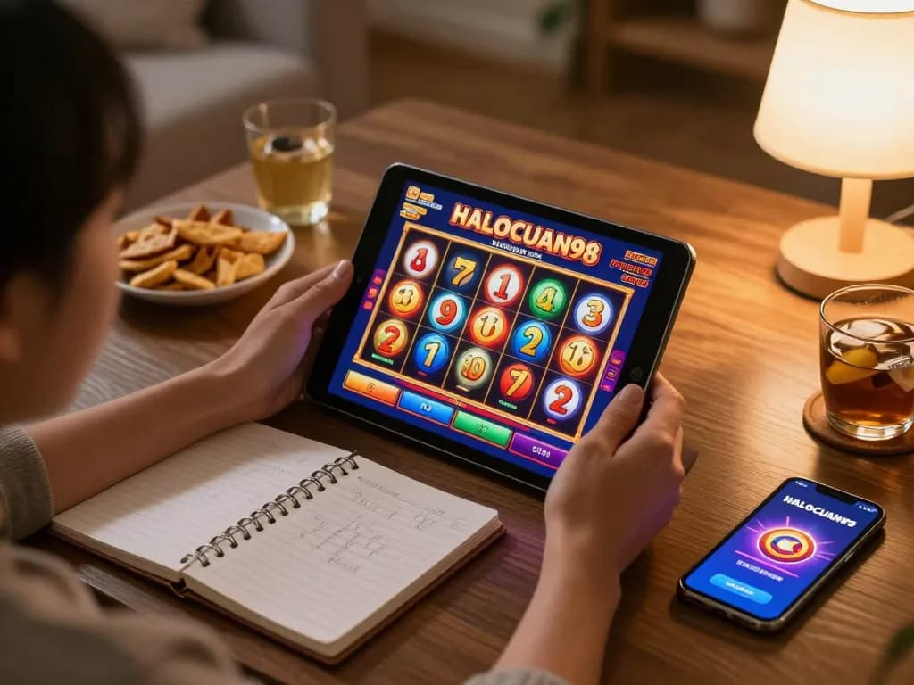 Pemandangan permainan online yang menarik dengan aplikasi HALOCUAN98 ditampilkan di tablet, menunjukkan lingkungan permainan yang strategis.