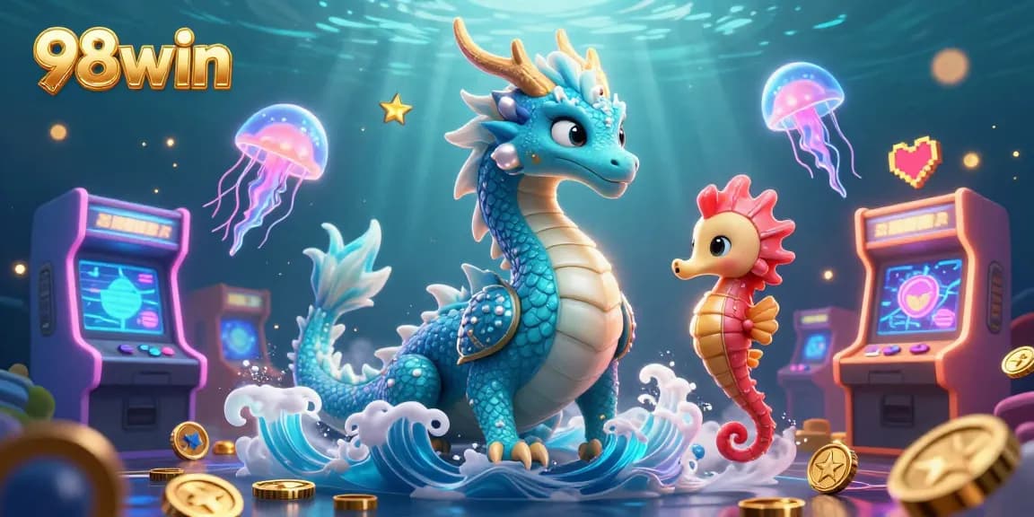 Engage in thrilling gaming at 98win, featuring a vibrant underwater scene with mythical sea creatures and neon arcade elements.