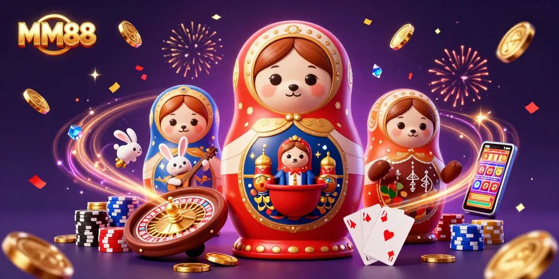 Engage in thrilling MM88 adventures with colorful casino elements and cheerful characters.