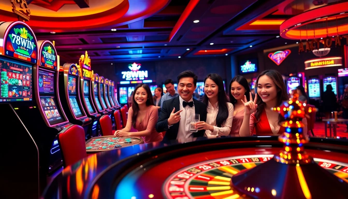 Experience the thrill of 78WIN with vibrant casino slots, poker chips, and a roulette wheel.