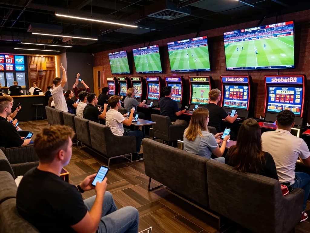 SBOBET88 exciting sports betting lounge with fans cheering and using mobile apps
