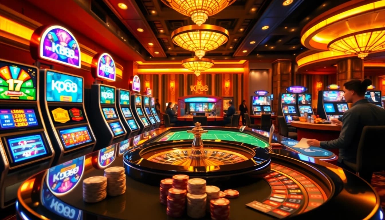 Experience the thrill of KP88 with real players at a luxurious online casino, showcasing vibrant slot machines and roulette tables.