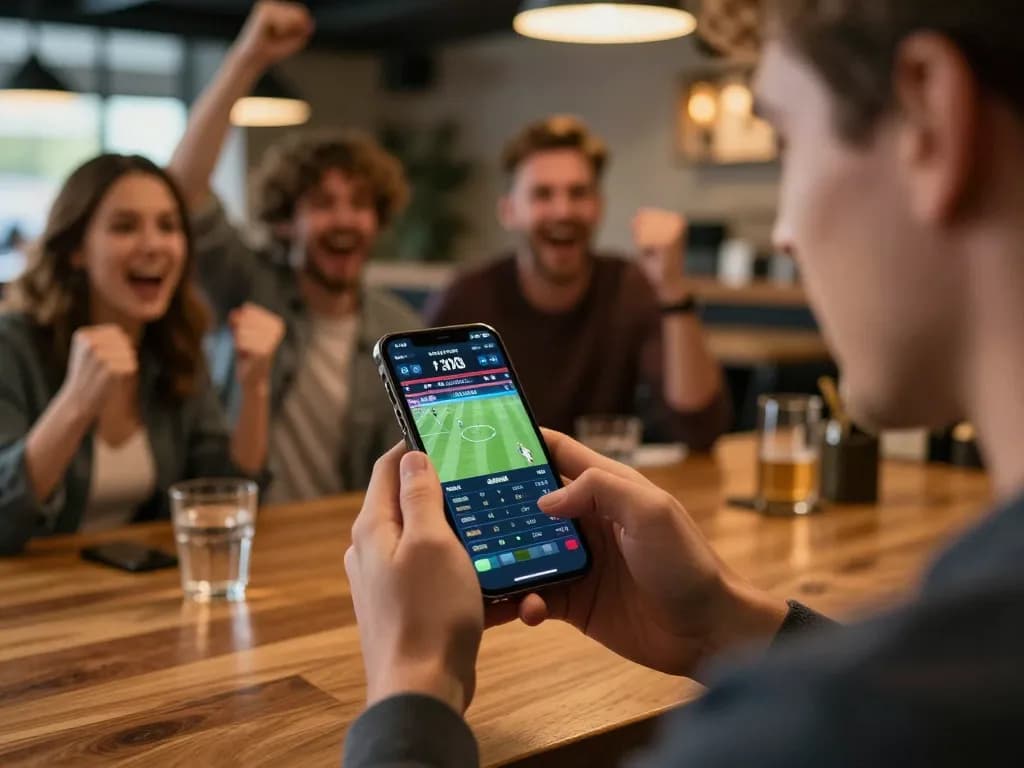 Bong88 user engaged in real-time sports betting on smartphone in lively bar atmosphere