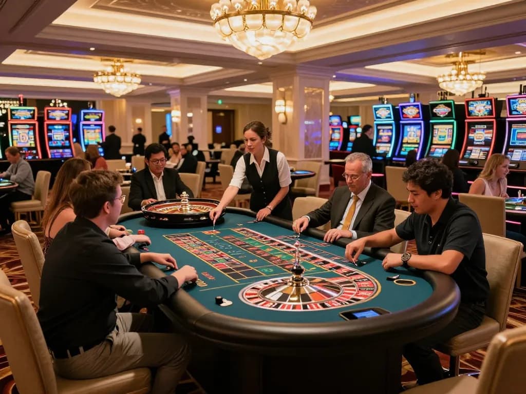 Players betting at the ku88 roulette table in a vibrant casino atmosphere