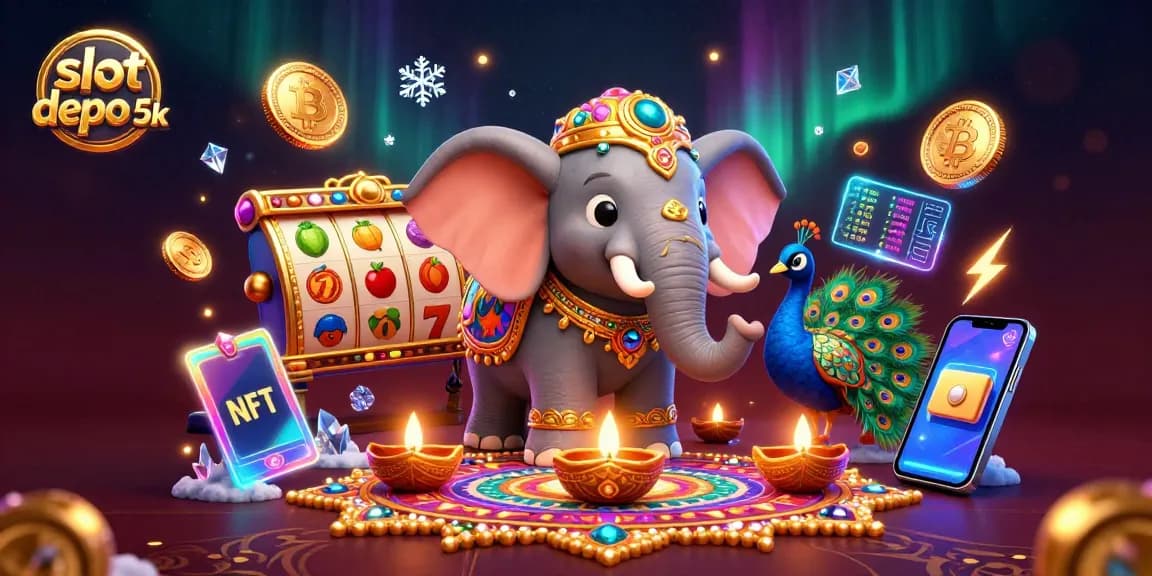 Experience the excitement of slot depo 5k with this vibrant 3D illustration showcasing colorful slots and crypto elements.