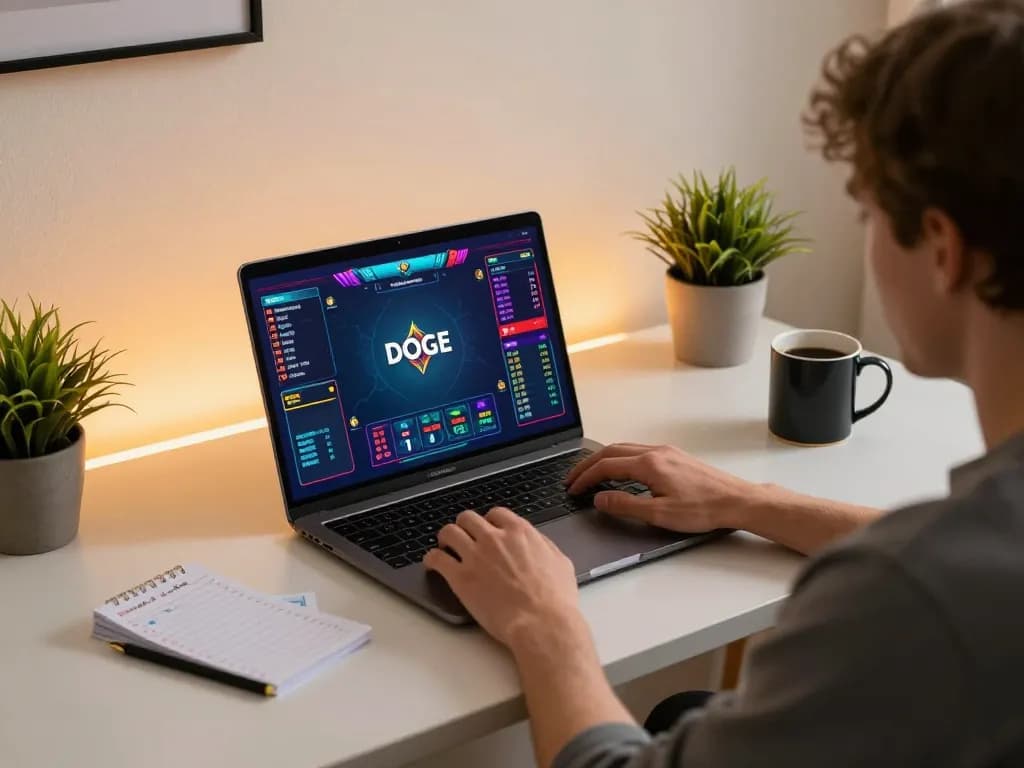 DOGE gambling session featuring a live dealer game displayed on laptop in a cozy home setting