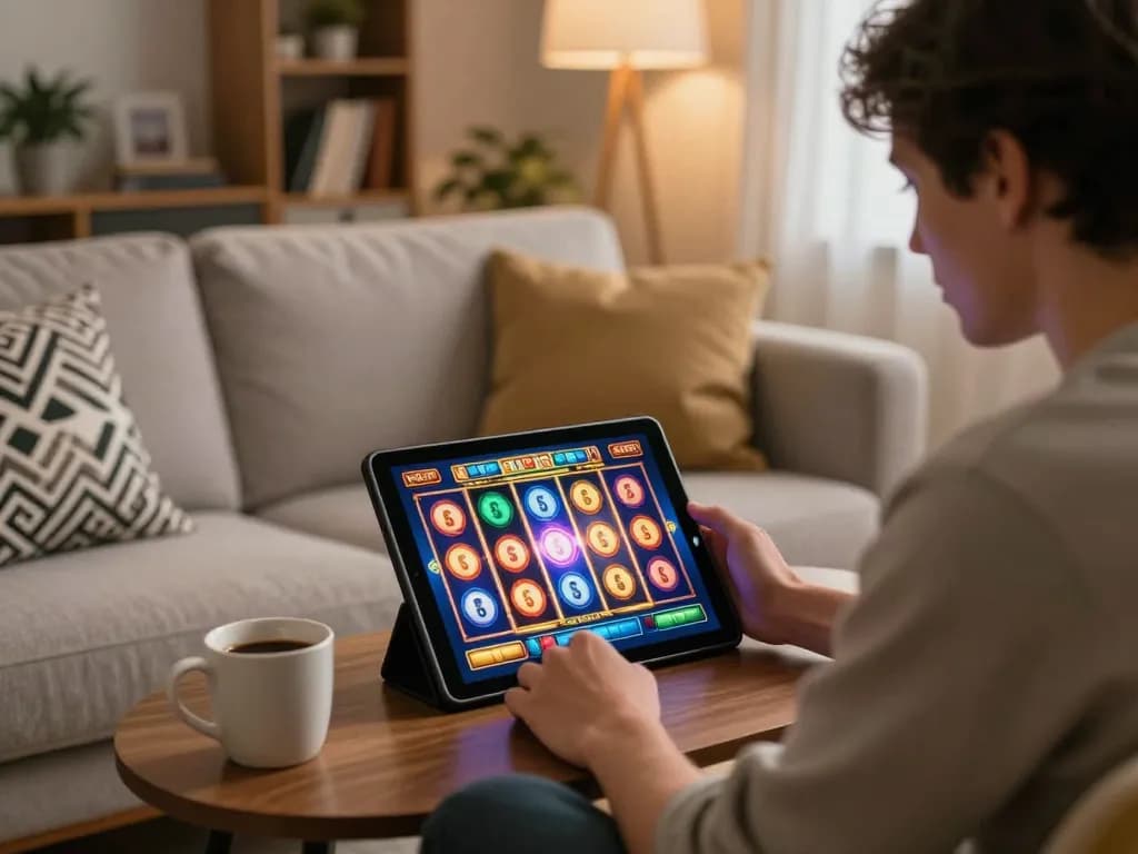 Cucu777 player spinning online slots in a cozy home setup, engaging in thrilling gameplay.