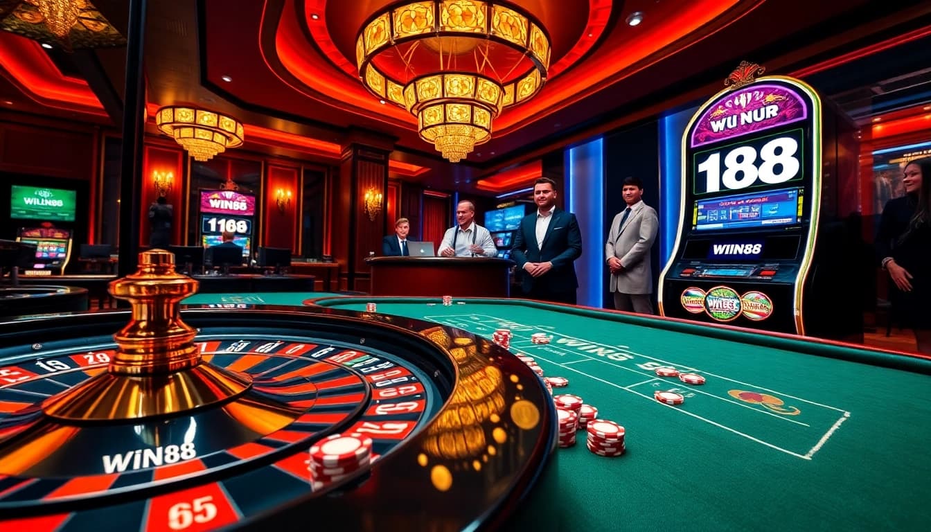 WIN88 players enjoying a thrilling casino experience with vibrant tables and exhilarating slot machines.