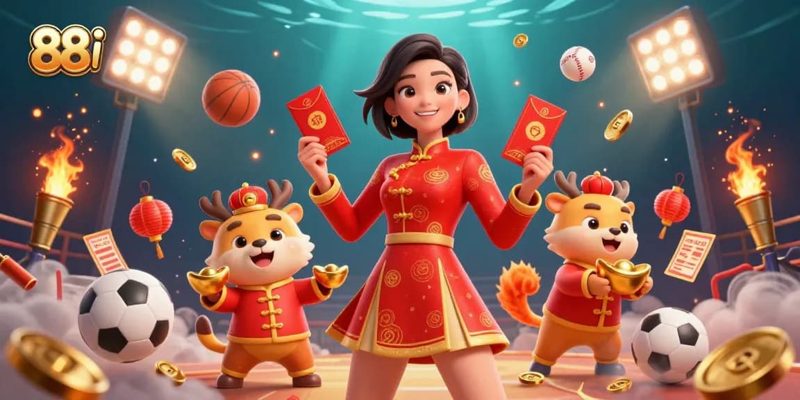 Engage with 88 i in this vibrant casino illustration showcasing dynamic sports elements and festive characters.