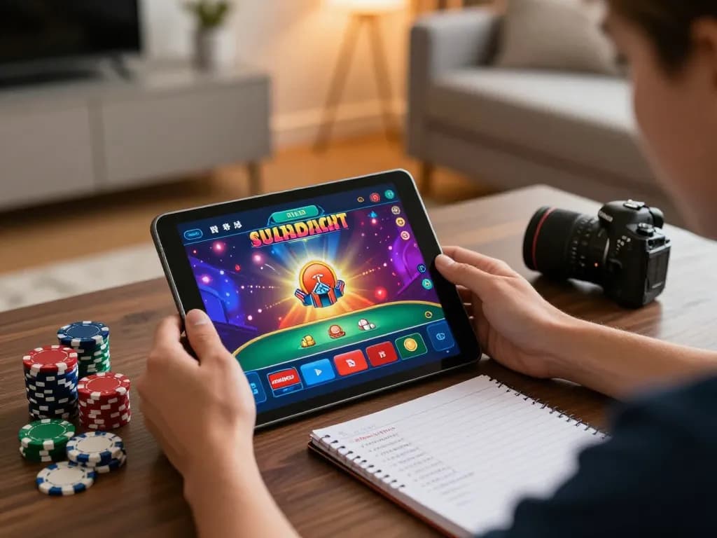 Engaging in đăng ký go99 for online casino gaming with vibrant poker app interface and strategic notes.