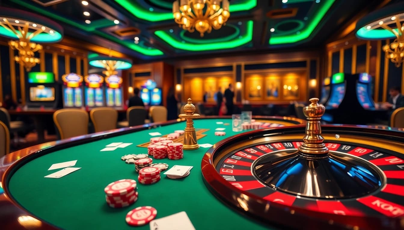 Experience the excitement of RR99 GAME at a luxurious casino featuring a roulette table and poker chips.