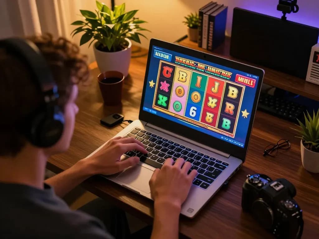 Player enjoying TR88 online slots with colorful reels lighting up their home gaming space