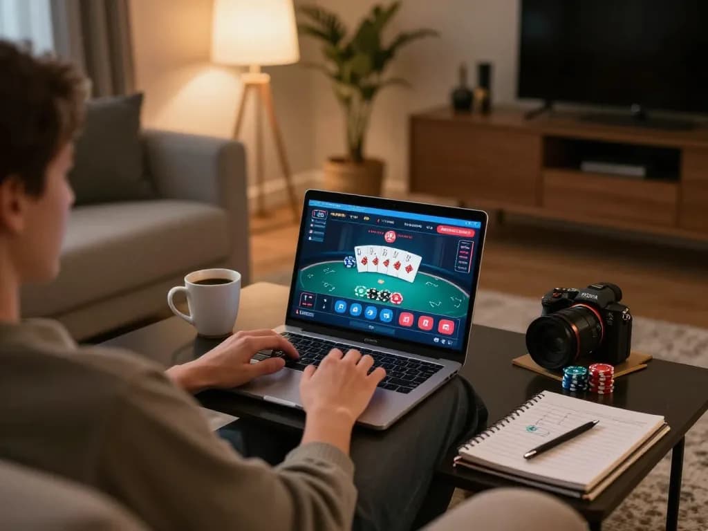 Player enjoying online poker at home using 789club platform with cozy lighting and strategy notes