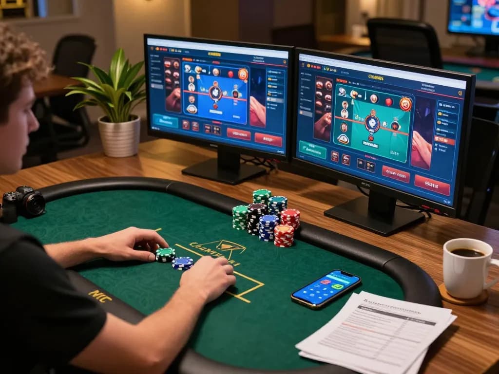 Engaging poker strategy gameplay on fc88on platform with dual-screen setup
