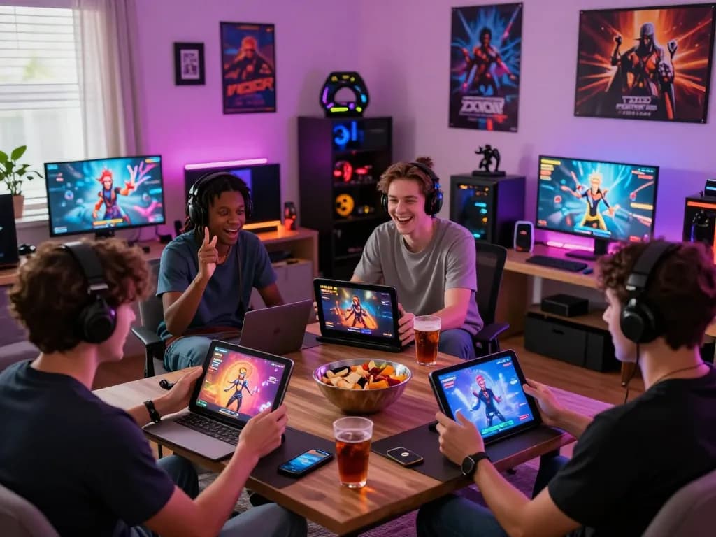Engaged players enjoying sex games on multiple devices in a cozy, vibrant gaming room.