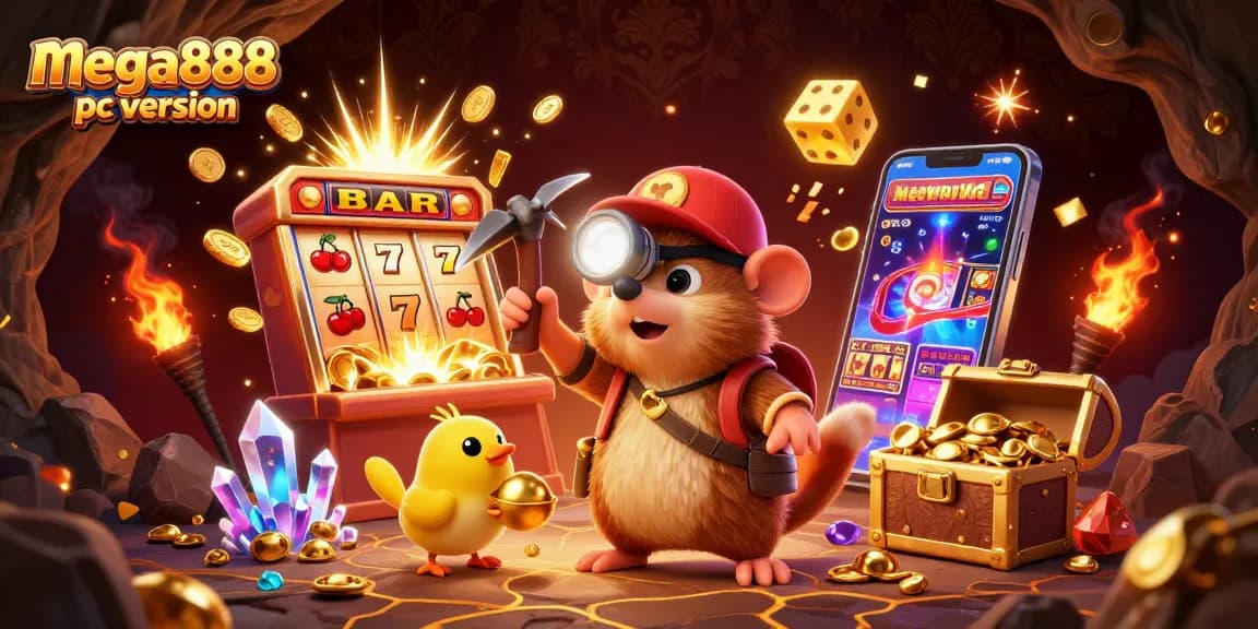 Experience the mega888 pc version with vibrant characters mining treasure amidst swirling coins and game symbols.