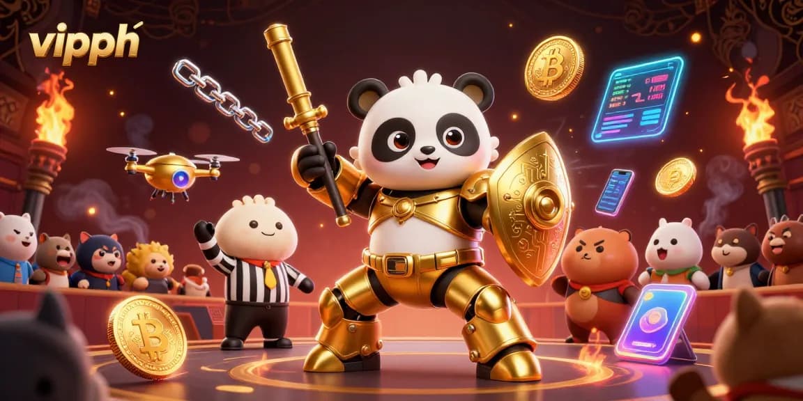 Engage with vipph as golden panda pilots a robot in this vibrant casino-themed arena.