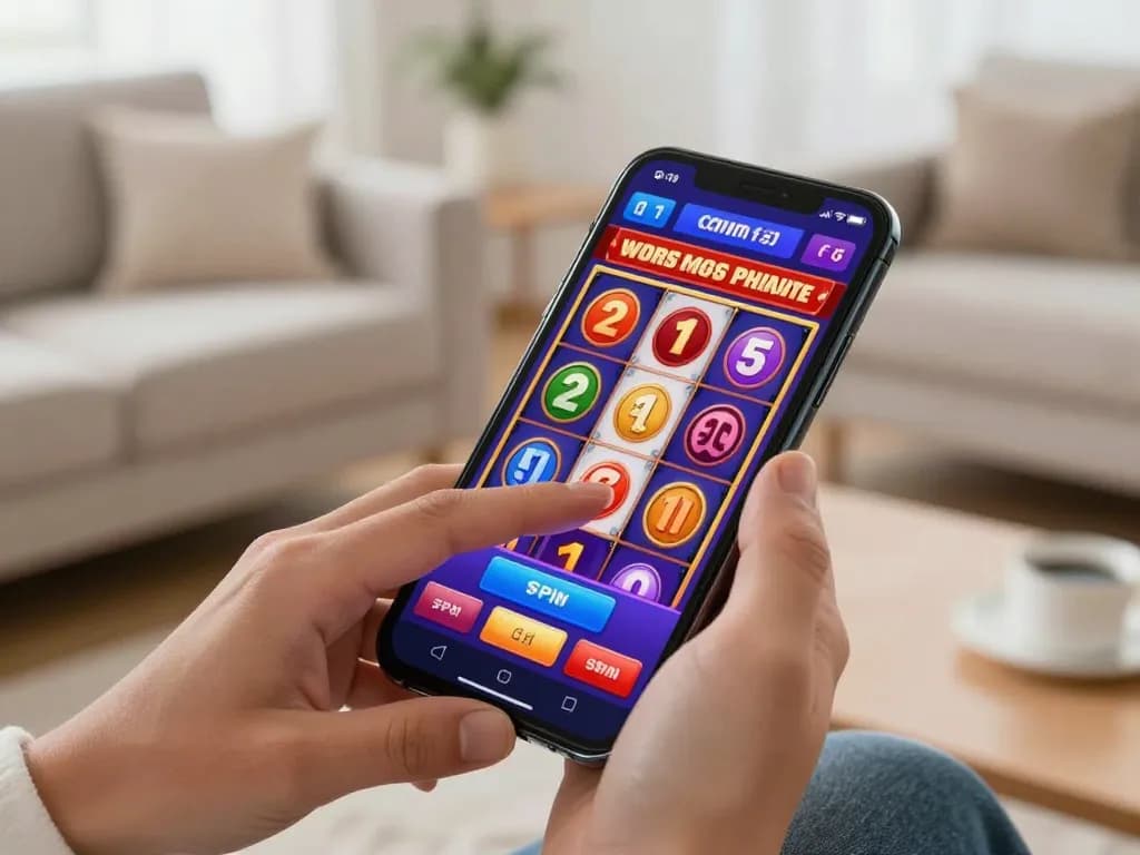 Mantra88 online gaming experience showcasing a user poised to spin colorful reels on a smartphone, highlighting engaging gameplay.