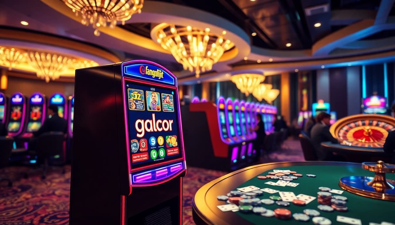 Experience excitement with a 'slot gacor' machine flashing vibrant lights at a luxurious casino.