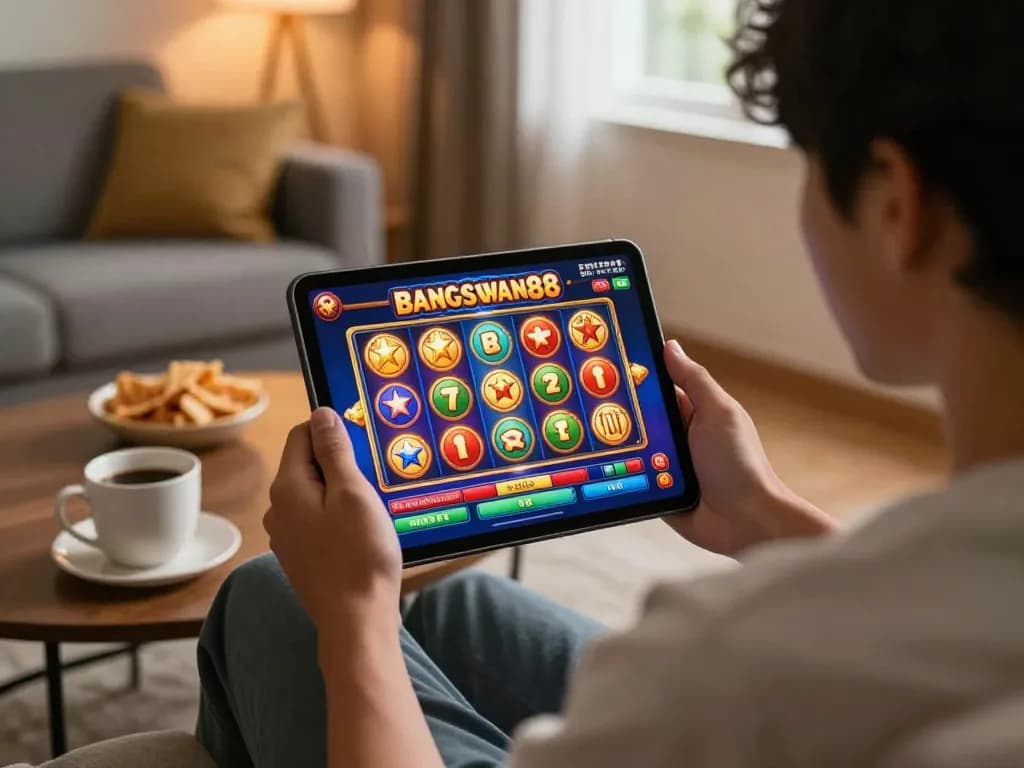 Playing bangsawan88 slot on tablet in a cozy home setup with engaging reels and warm atmosphere