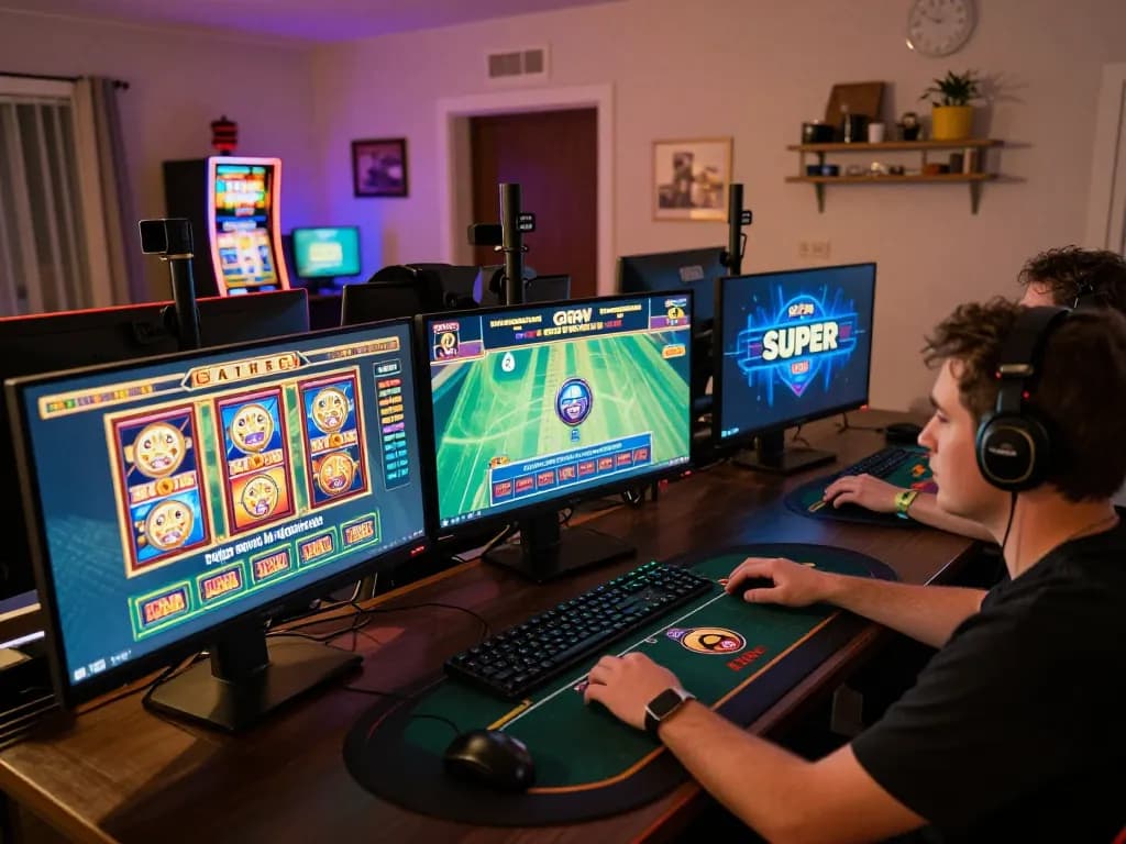 Engaging moment with a player using LGOSUPER for online casino games in a cozy home setup