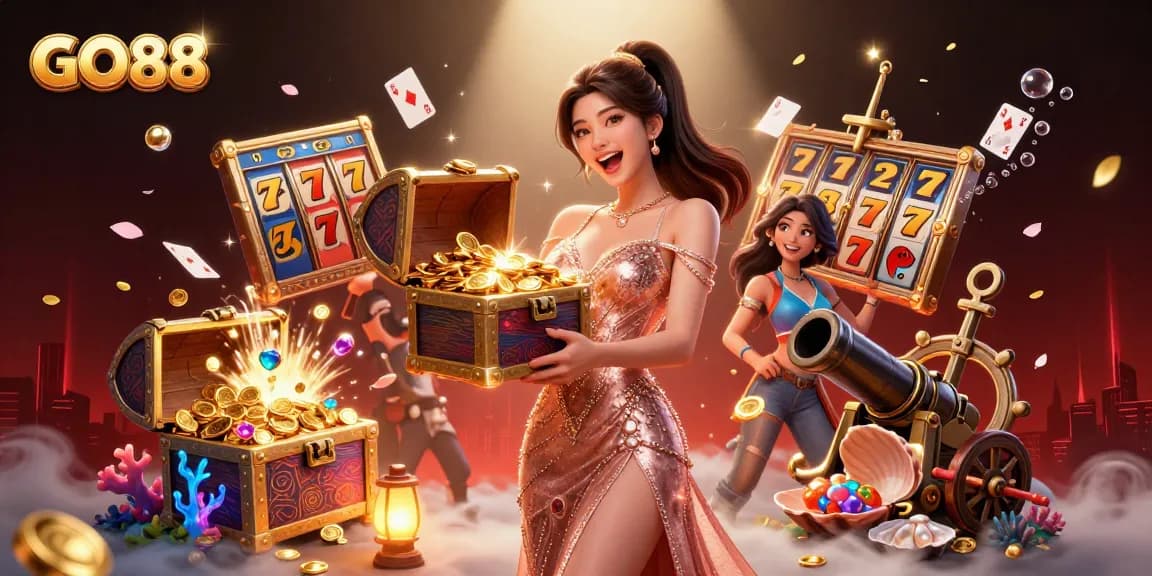 Experience high-stakes gaming with GO88 in this vibrant 3D casino illustration featuring a treasure chest.