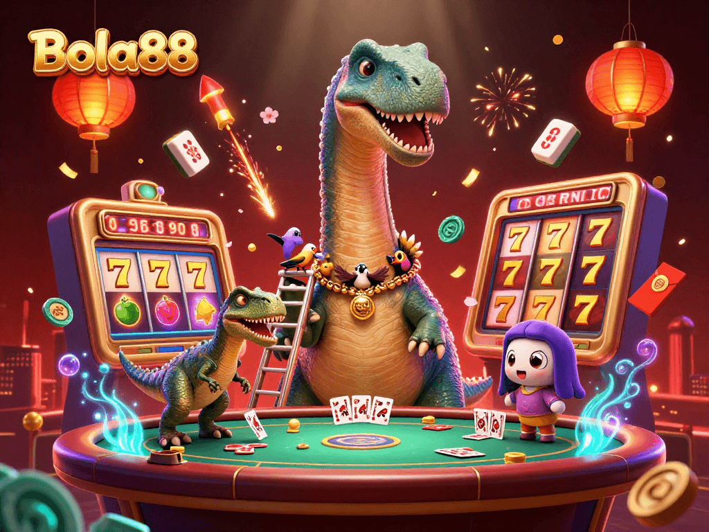 Bola88 hadir dengan ilustrasi kasino yang penuh warna dan dinamis, memperlihatkan permainan slot dan karakter menarik.