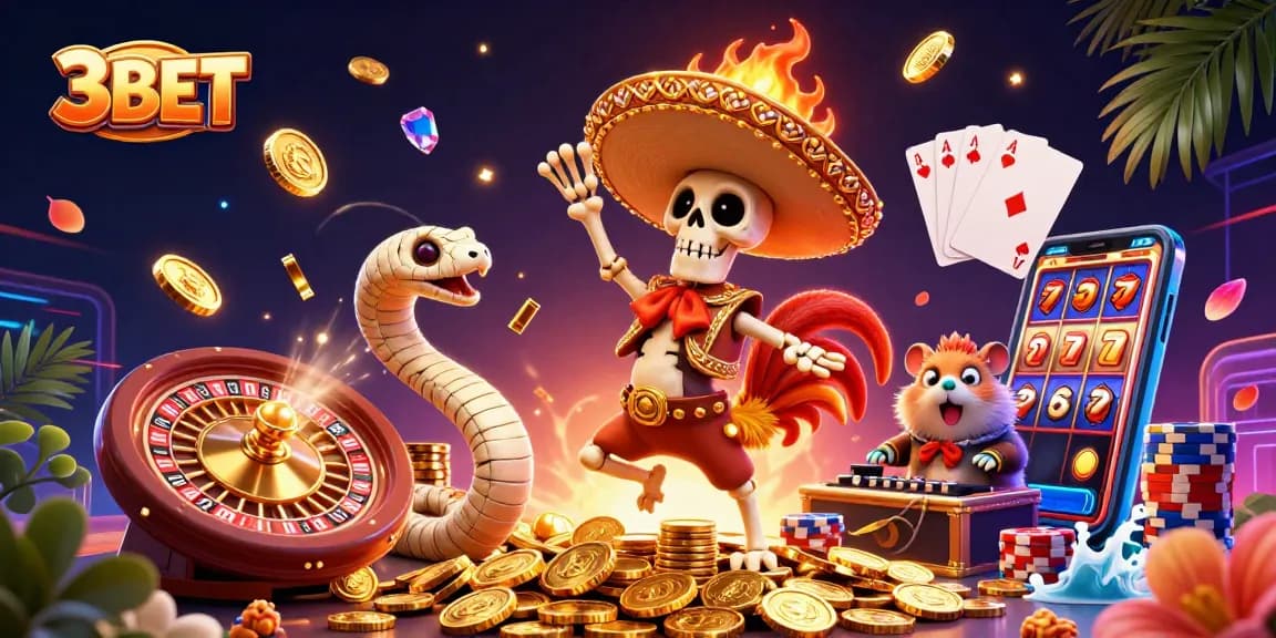 Experience the thrill of 3BET with a lively scene of casino characters celebrating on a wealth of golden coins and chips.