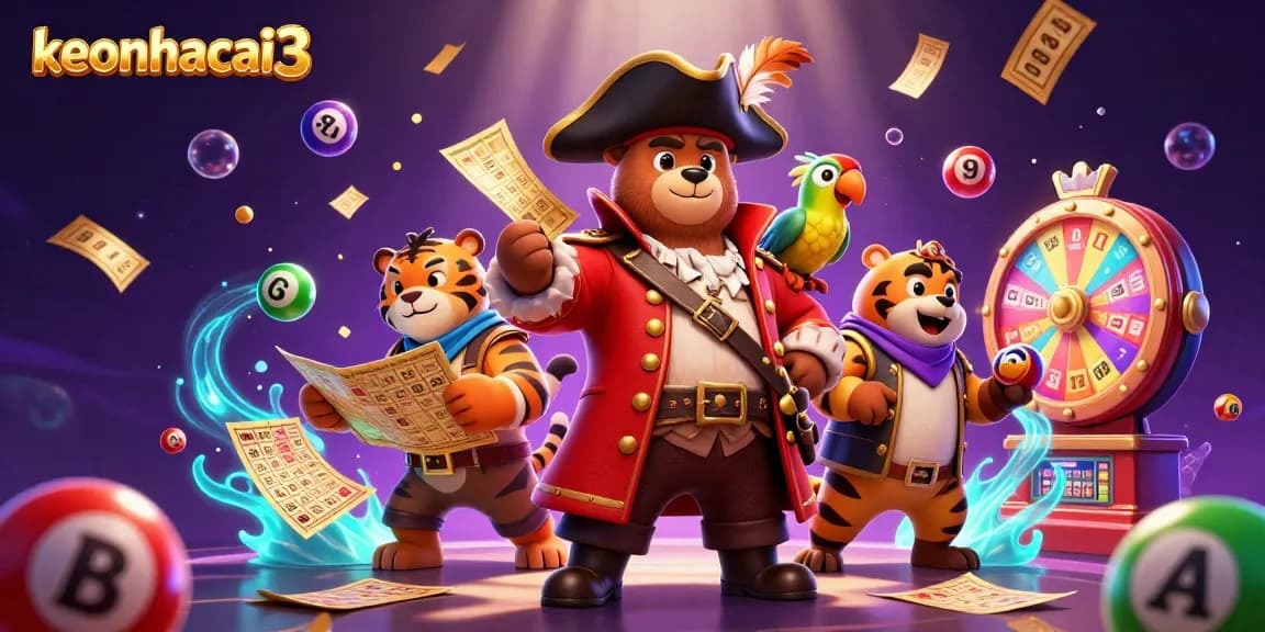 Engage in dynamic lottery action with keonhacai3 in a vibrant 3D casino illustration.