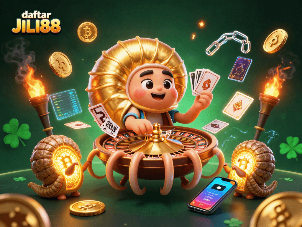 Engage in thrilling gameplay at daftar JILI88 with a vibrant 3D casino scene featuring unique characters.