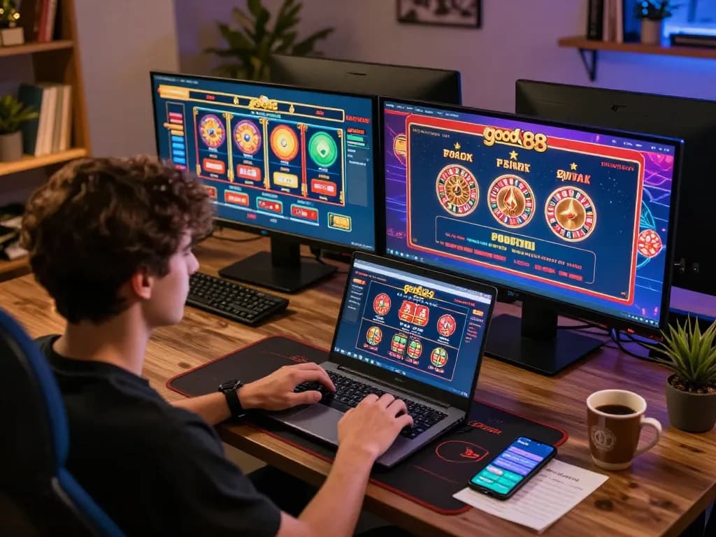 Player engaged in exciting good88 online casino gameplay with multiple screens showing slots and poker games.