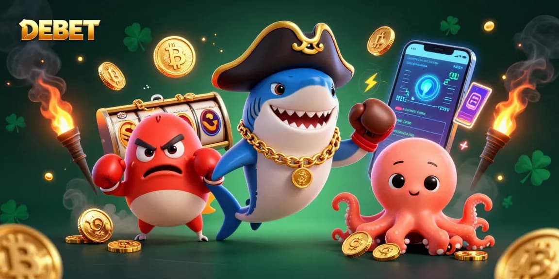DEBET brings excitement with a cheerful pirate shark, pufferfish, and octopus amidst dynamic slot and crypto visuals.