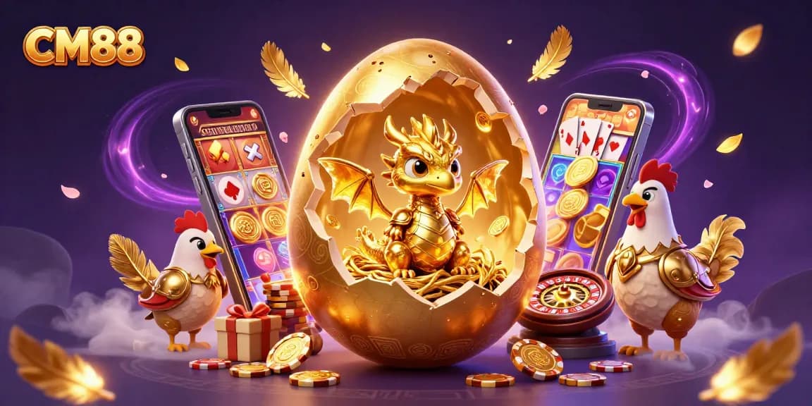 Win big at CM88 with golden dragon and crumbling egg illustration amidst vibrant casino elements.