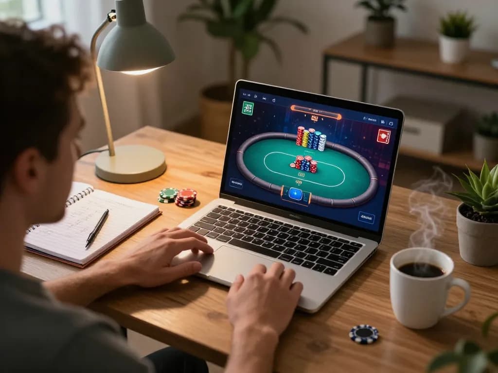 Player engaging in an online poker game on MM99 platform, laptop displaying colorful virtual chips and strategic notes nearby.