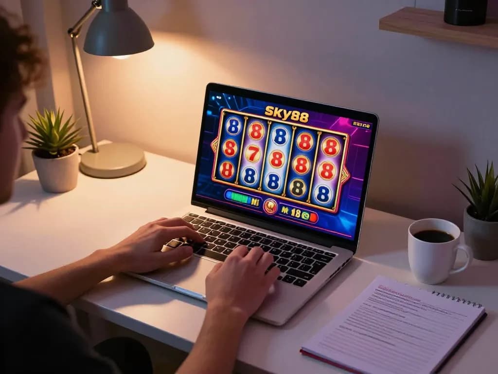 Gamer enjoying sky88 online slots on laptop with vibrant display and cozy home setup.