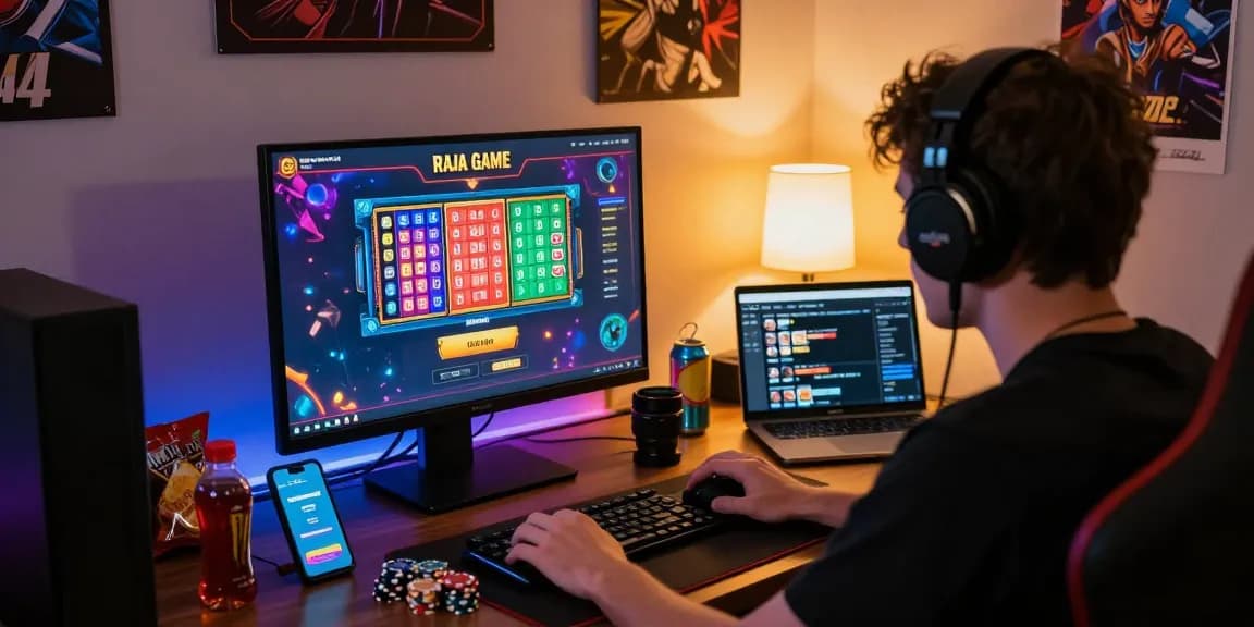 Player focused on Raja Game login, vibrant gaming setup with colorful graphics and snacks