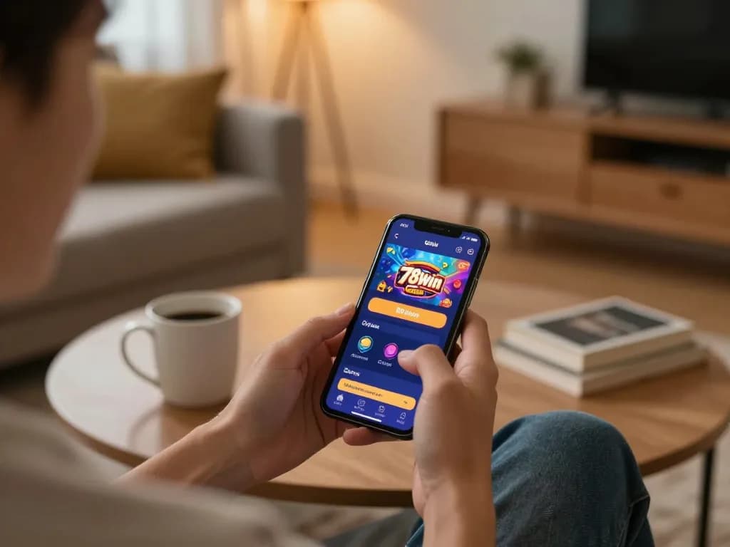 78win mobile gaming experience in a cozy home setting, showcasing user engagement with casino app