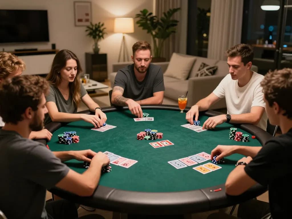 Engaged friends enjoy a thrilling poker game at home using SC88e for seamless play and interactions