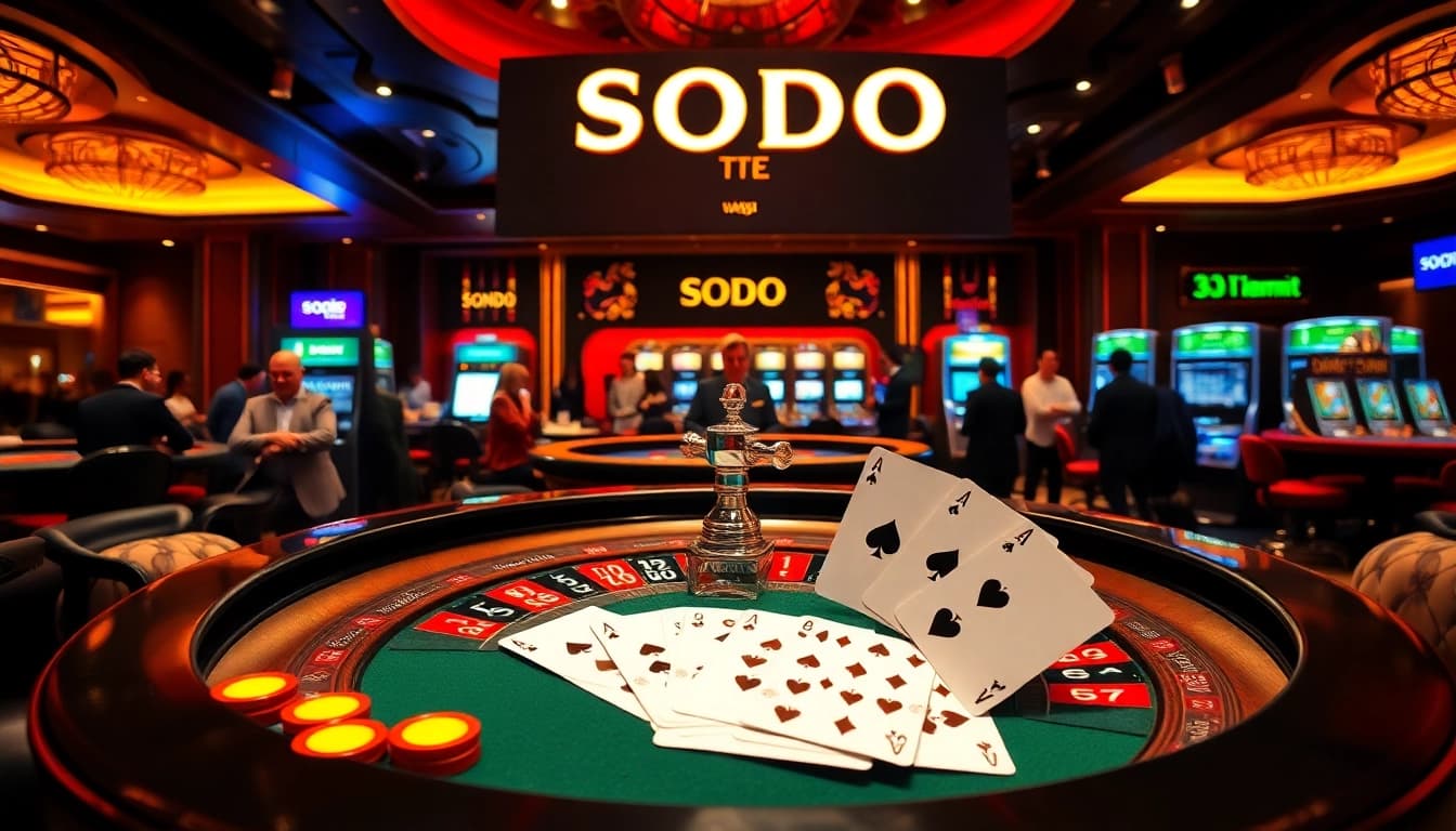 SODO Casino scene with players engaging at a roulette table, showcasing luxury and excitement.