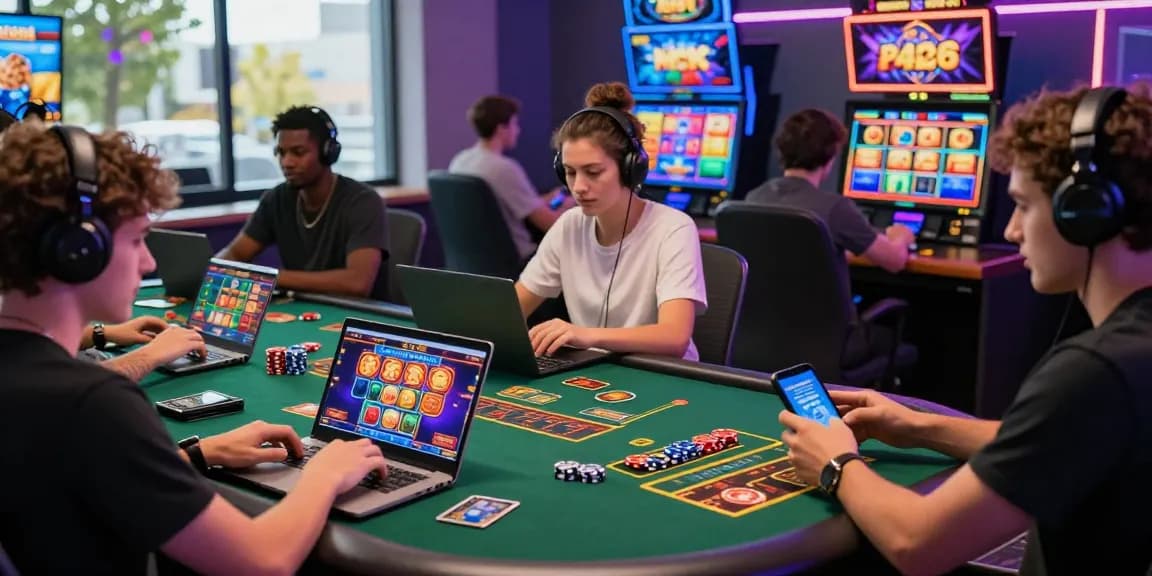 Engaged players enjoying a credit card casino experience in a vibrant online gambling environment with colorful game displays.