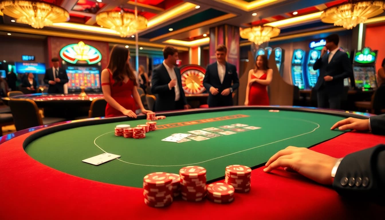 Engage with a dynamic hm88 casino scene featuring players at a poker table with vibrant chips and cards.