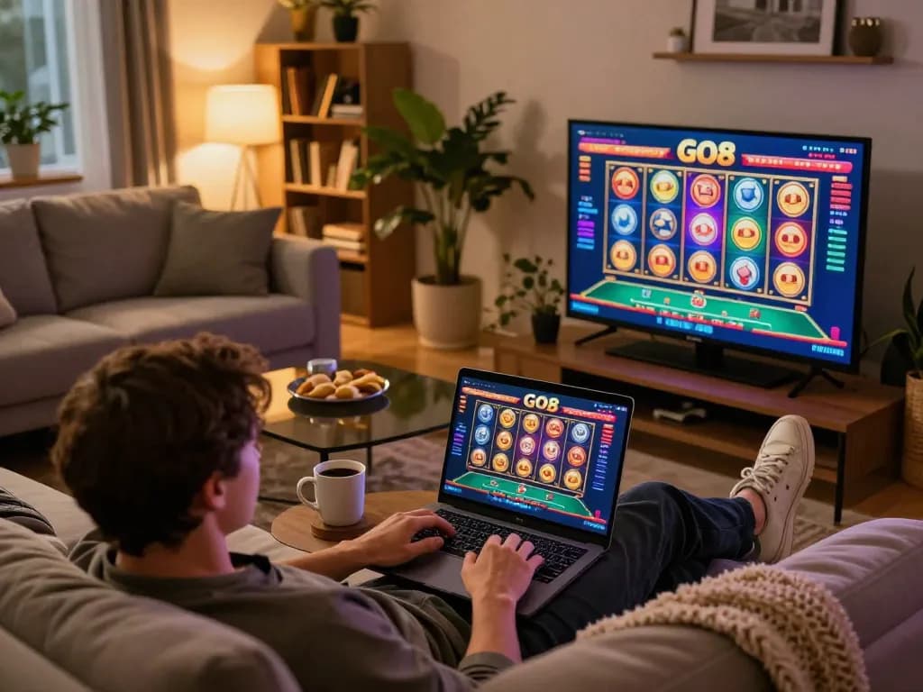 Enjoying an online casino experience at GO8 with engaging gameplay on the laptop, comfortable home setting