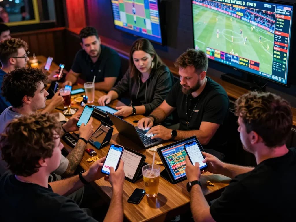 Situs togel enthusiasts engaging in live betting at a bustling sports bar, smartphones open with dynamic betting apps.