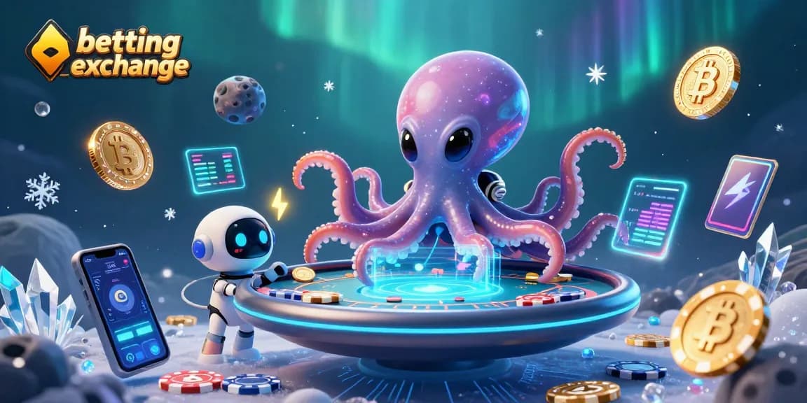 Engage in betting exchange with vibrant alien octopus at a holographic poker table, featuring digital game elements.