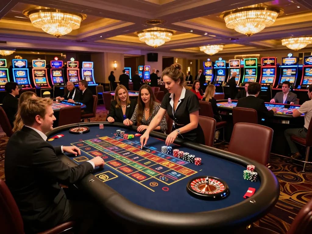 Memenangkan permainan di meja roulette di kasino westsrestaurant, suasana yang cerah dengan pemain yang terlibat.