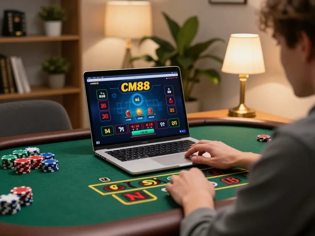 CM88 player betting on live dealer blackjack at home while focusing on their laptop screen.